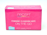 A pink box of Reosh Feminine Cleansing Wipes labeled 'ON-THE-GO', indicating 20 pieces, unscented, alcohol-free, and ph-balanced.