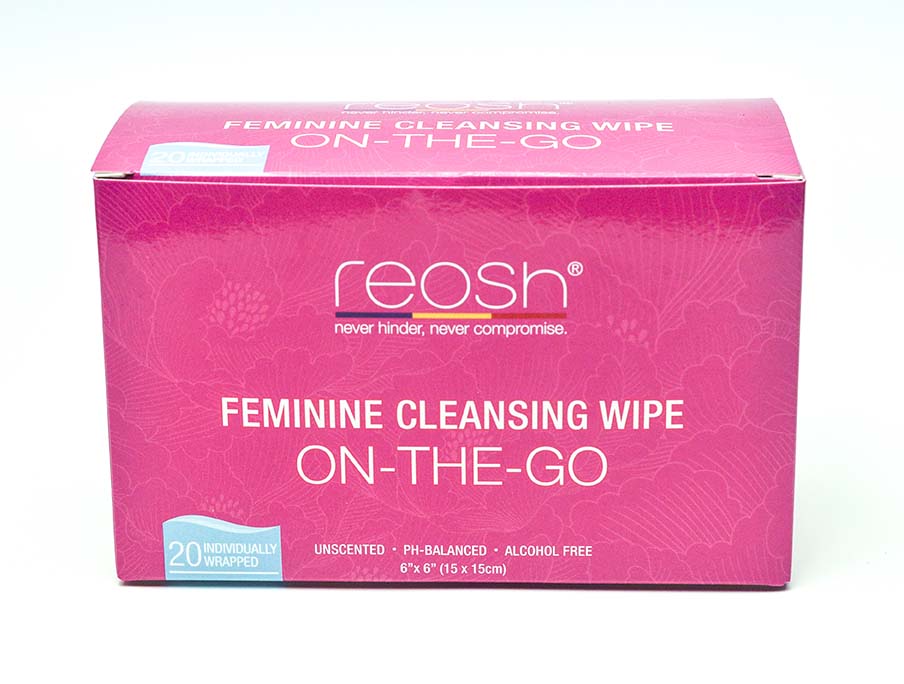 A pink box of Reosh Feminine Cleansing Wipes labeled 'ON-THE-GO', indicating 20 pieces, unscented, alcohol-free, and ph-balanced.