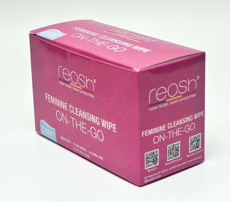 A pink box of Reosh Feminine Cleansing Wipes labeled 'ON-THE-GO', indicating 20 pieces, unscented, alcohol-free, and ph-balanced.