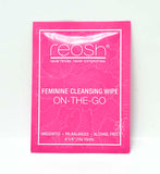 A pink box of Reosh Feminine Cleansing Wipes labeled 'ON-THE-GO', indicating 20 pieces, unscented, alcohol-free, and ph-balanced.