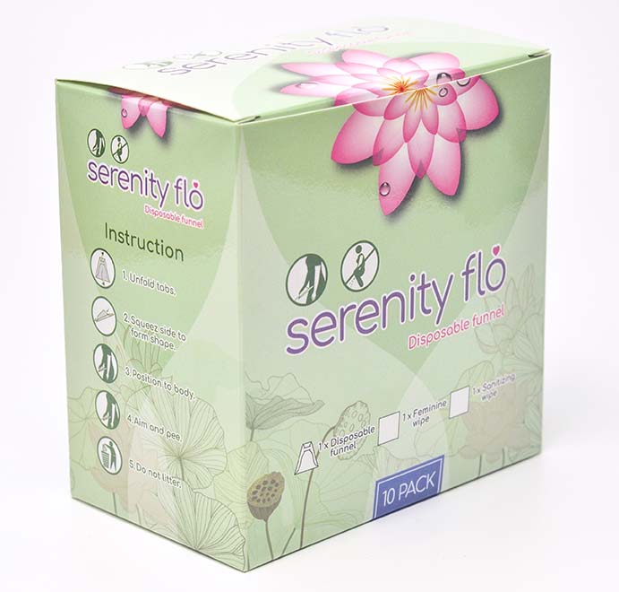 Each pack of Serenity flo stand and pee funnels come with a feminine wet wipe and a sanitary alcohol wet wipe in a box of 10