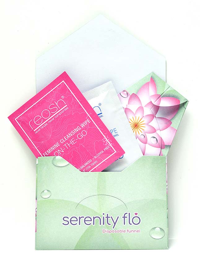 Each pack of Serenity flo stand and pee funnels come with a feminine wet wipe and a sanitary alcohol wet wipe